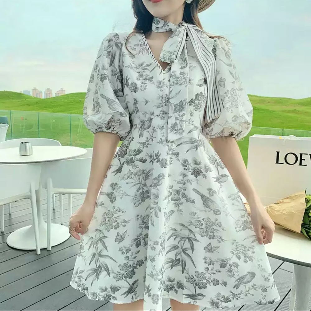 French Style Print Puff Sleeve Vintage Dress - Picture 12 of 15